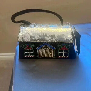 NWT Mini Black Velvet Beaded Christmas Holidays Mini House Purse Bag Women Kids